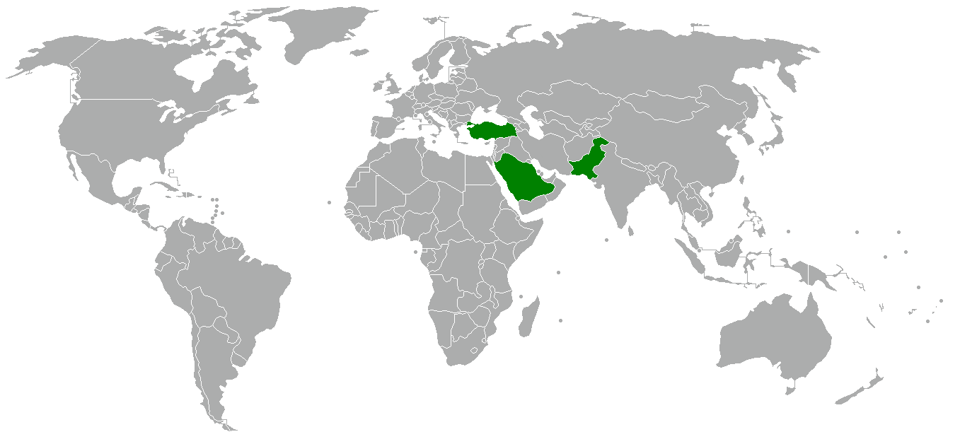 Map highlighting Turkey, Saudi Arabia and Pakistan, the three members of the Mecca Joint Defence Agreement.