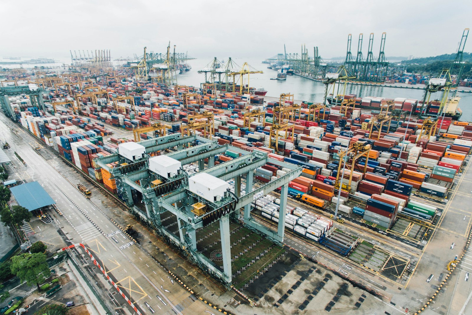 Aerial view of a strategic shipping route and port